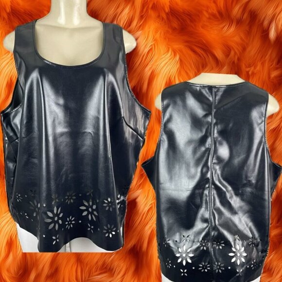 Scoop XXL Black Faux Leather Scoop Neck Laser Cut Floral Accent Sleeveless Top - Picture 1 of 6